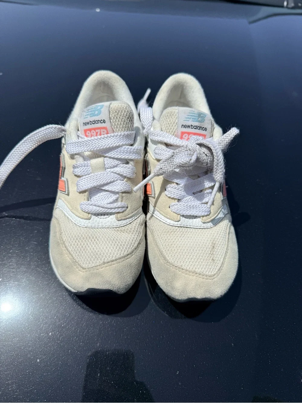 New Balance Kids Cream Sneakers with Coral and Light Blue Accents